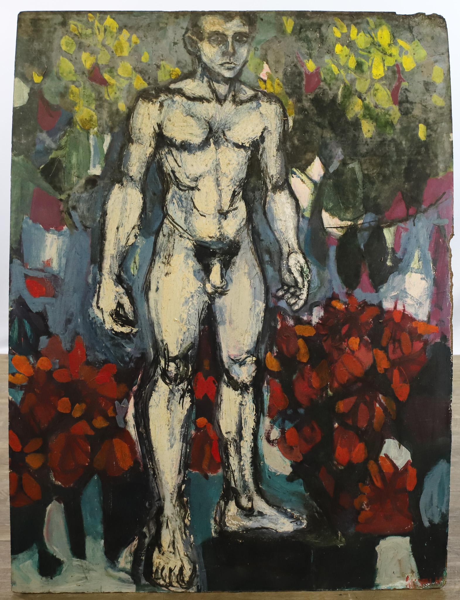 Patrick Anselmo (20th C.): Oil on board, figurative abstract of a male nude in a garden, SLR. The board is warped, there is some loss, staining, and other wear. 49"h x 36"w. From the estate of Charles Solt.