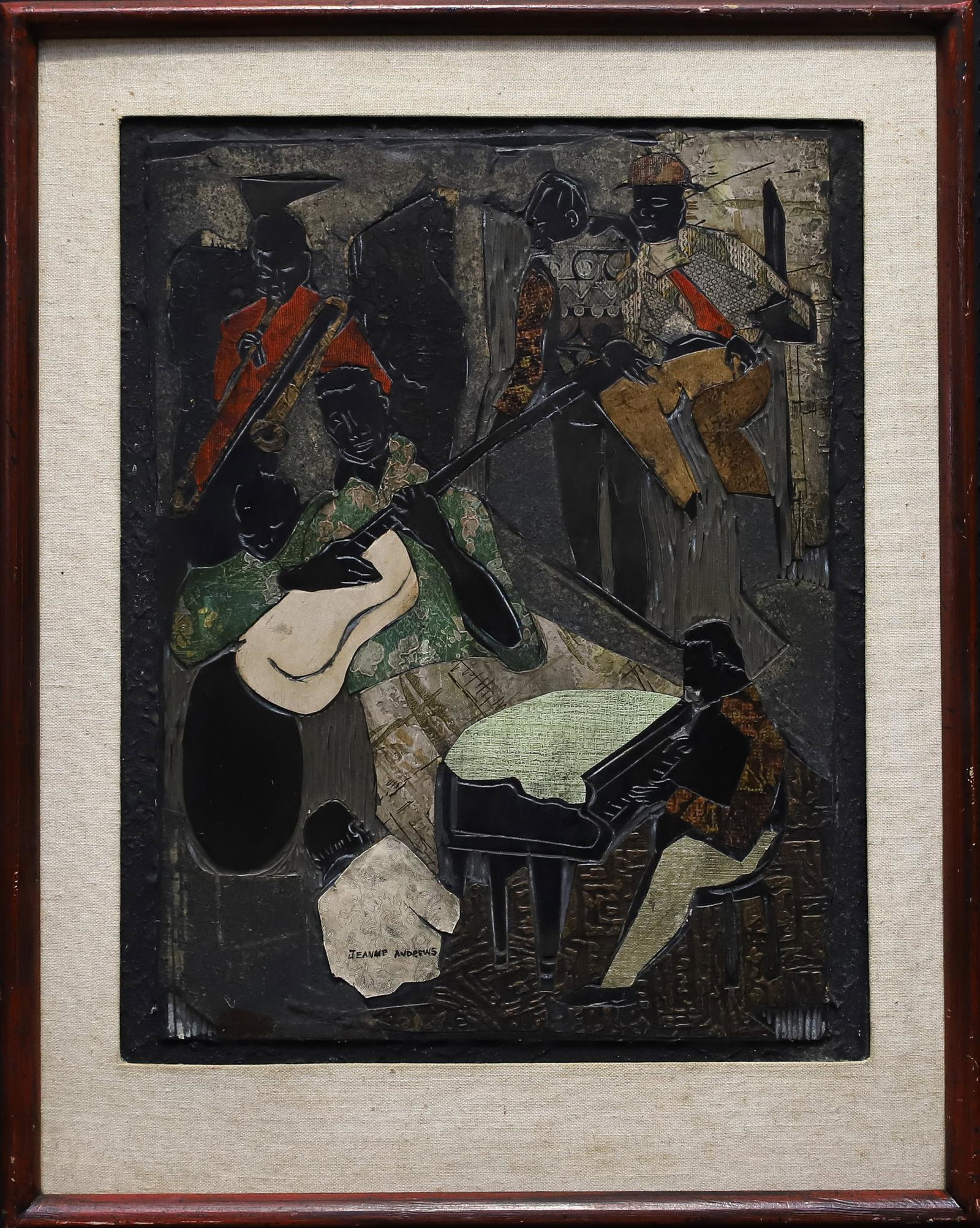 Jeanne Andrews (20th C.): Carved fiberglass with decoupage linoleum, Expressionist scene of a jazz club, SLL. Site 20"h x 16"w, framed 26"h x 21"w