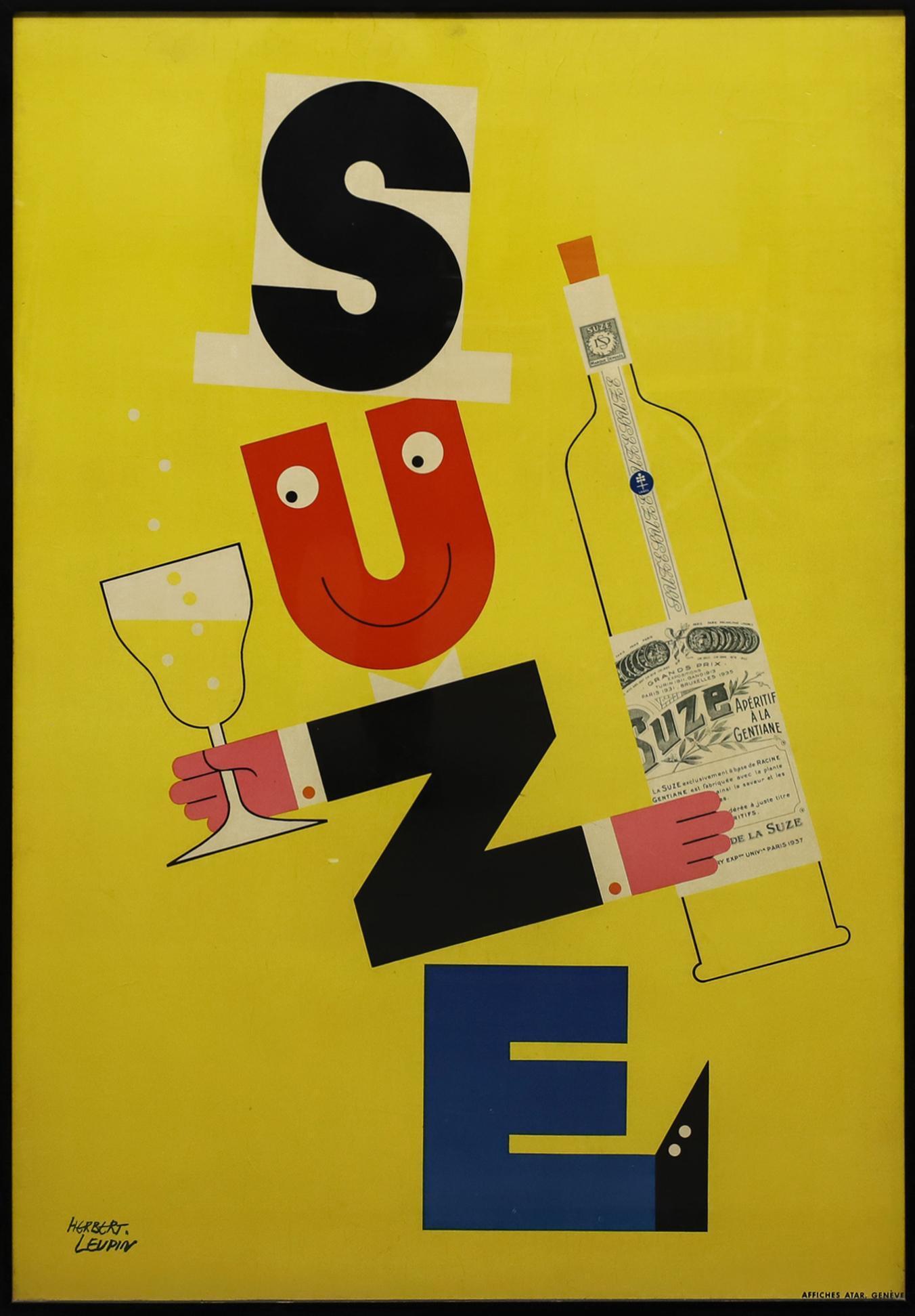 Suze Aperitif Advertising Poster by Herbert Leupin: Offset print, 1955, for Suze Aperitif, by Herbert Leupin (1916 - 1999), signed in the plate, Affiches Atar, Geneva, Switzerland. Sight 49.75"h x 34.5"w, 51"h x 36"w framed