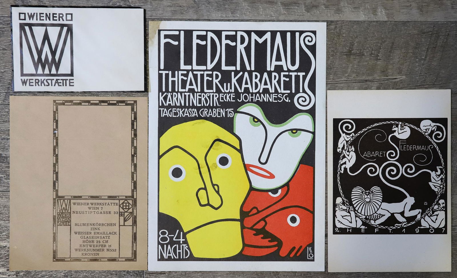 Wiener Werkstatte Advertising Ephemera: Cabaret Fledermaus, Vienna, Austria, "Drei Masken (Three Masks)" lithograph advertising poster by Bertold Loffler (1874 - 1960) and Carl Otto Czeschka (1878 - 1960), and 1907 program design lithograph
