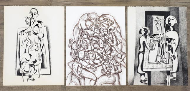 Louis Wolchonok (1898 - 1973): Figurative Cubist works on paper, including (2) graphite pieces and (1) watercolor and ink piece, all signed, the watercolor also with stamp en verso from the artist's estate. 23.75"h x 18"w