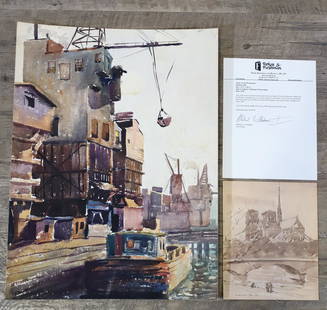 Louis Wolchonok (1898 - 1973): Impressionist watercolor on paper board, Industrial harbor scene, SLL, 24"h x 18"w. Impressionist sepia ink on paper, View of Notre Dame Cathedral, SLL, 10.25"h x 8.5"w. Both dated 1928.