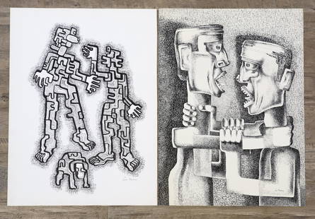 Louis Wolchonok (1898 - 1973): Figurative Cubist works (2), ink on paper, both SLR, one also with stamp en verso from the artist's estate. Approximately 30"h x 22"w