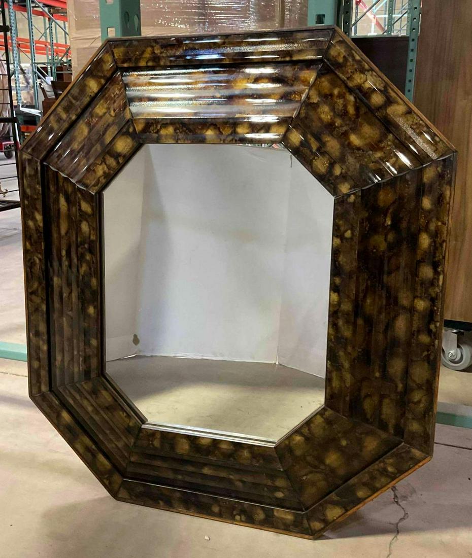 Wall Mirror: Octagonal Mirror with tortoise shell surround, 29"w x 33"h.