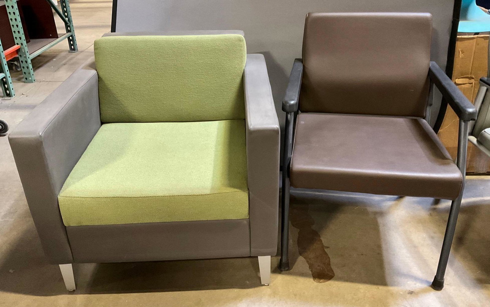 Armchairs: Armchairs (2). Green and grey chair 32.5"x32"x31". Brown chair 24.5"x25"x34.5".
