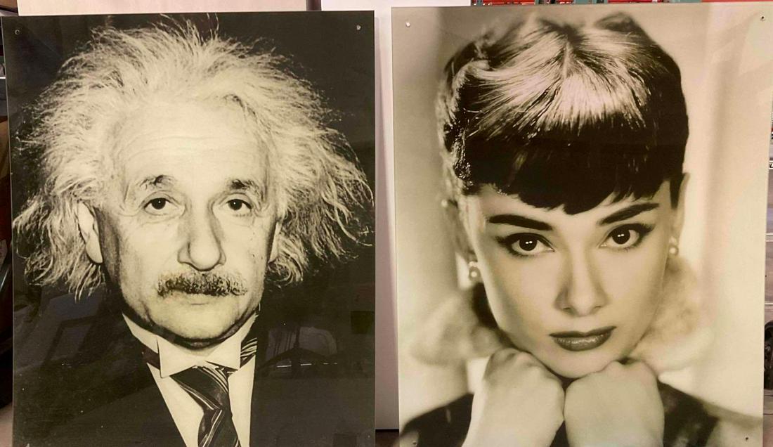Prints: Prints with acrylic fronts. Including Albert Einstein and Audrey Hepburn. 47"x57".