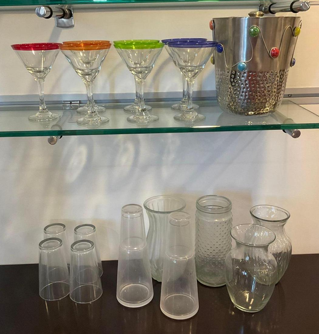 Barware: Barware, including ice bucket, stemware, glasses, carafes, and vases.
