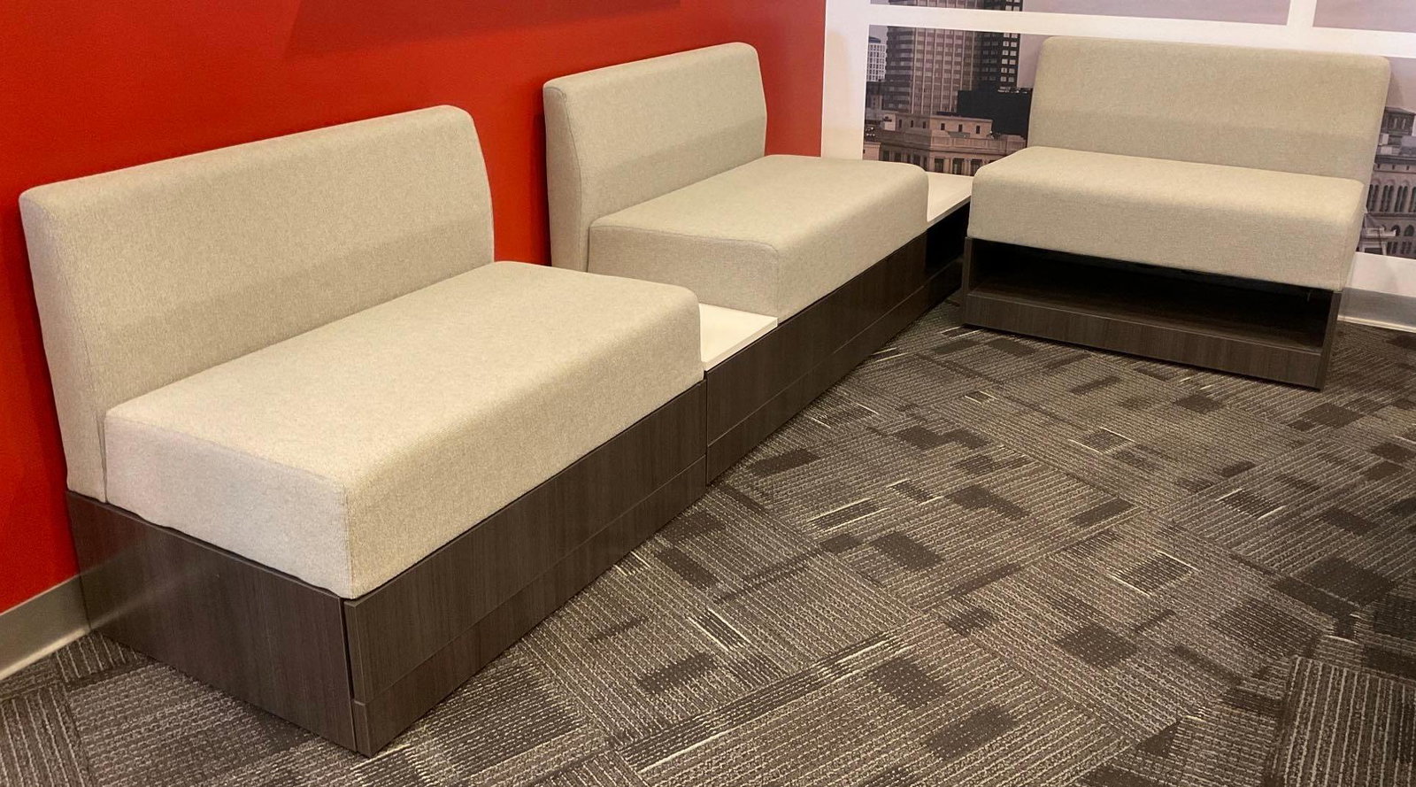 Modular Seating: Modular Seating, 108"w x 59.5"d x 29"h overall, including (2) detached seats, 35.5"w x 24"d x 29"h, seat with side table, 48"w x 24"d x 29"h, and side table with power, 24"w x 24"d x 11.5"h.This lot i
