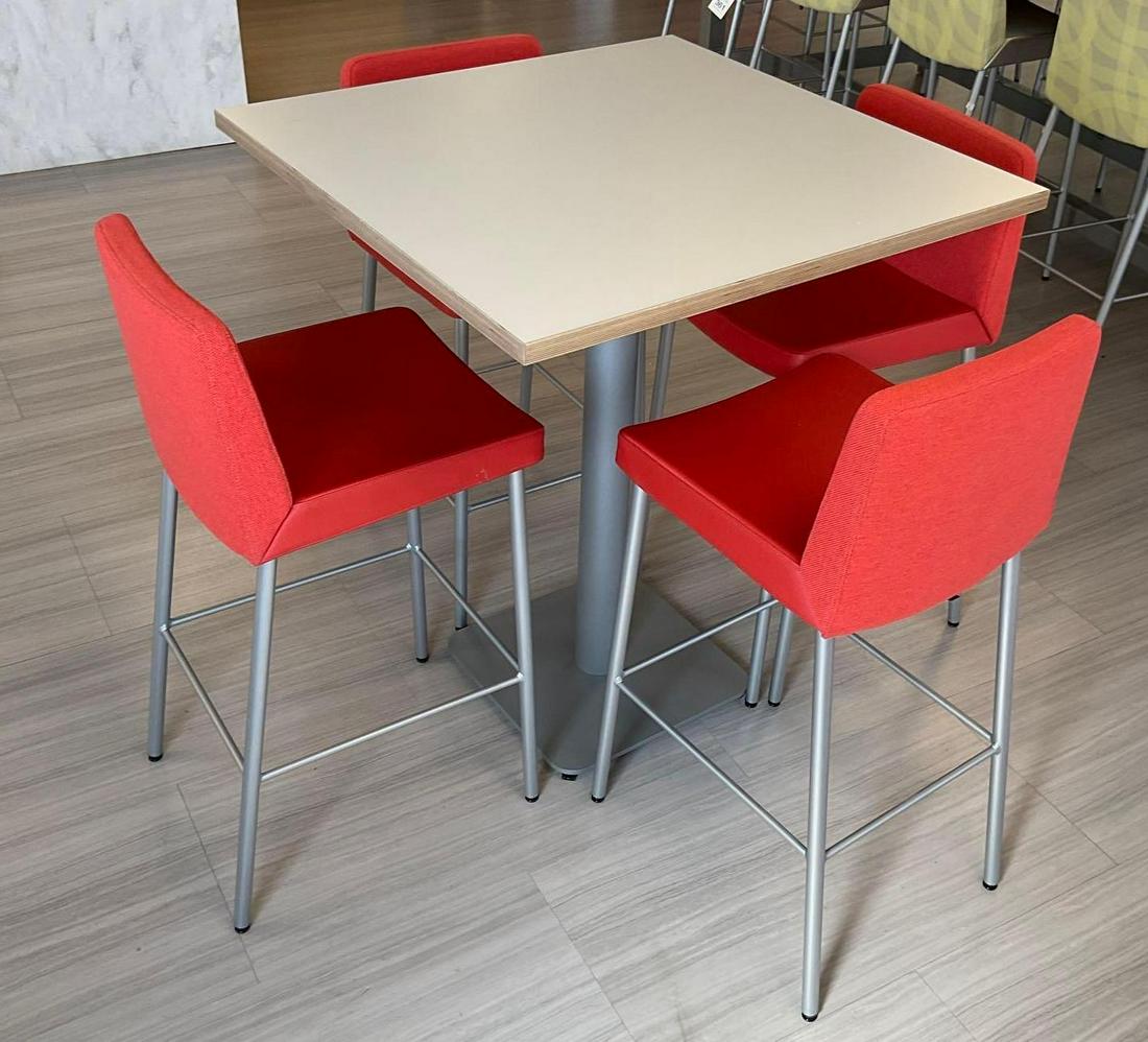 High Top Table Chairs: High top table measuring 36"w x 36"d x 42'h and (4) Hon bar chairs measuring 18"w x 19"d x 41"h with a 31" seat height. This lot is not eligible for Alderfer transport. Buyer is responsible for bringi