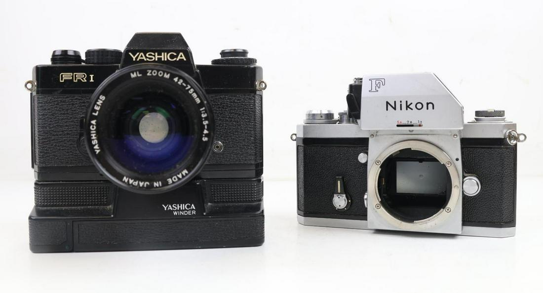 Yashica & Nikon Cameras: Yashica FR1 camera with Yashica winder and Yashica ML Zoom 42-75mm 1:3.5-4.5 lens, small dent on lens rim. Nikon F film camera, no lens.
