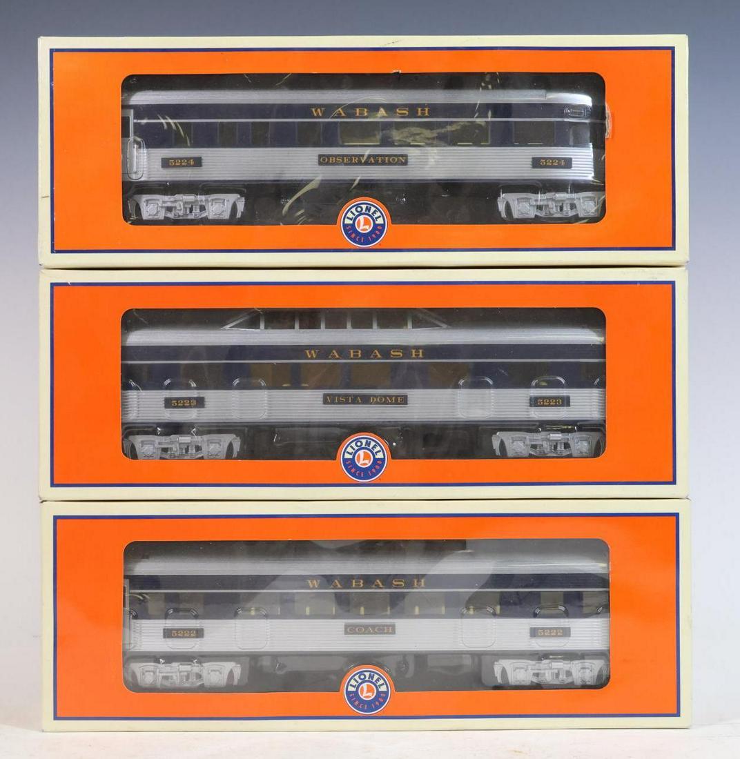Lionel Wabash Passenger Cars: O gauge, 3-rail coach car #5223, vista dome car #5222 and observation car #5224.