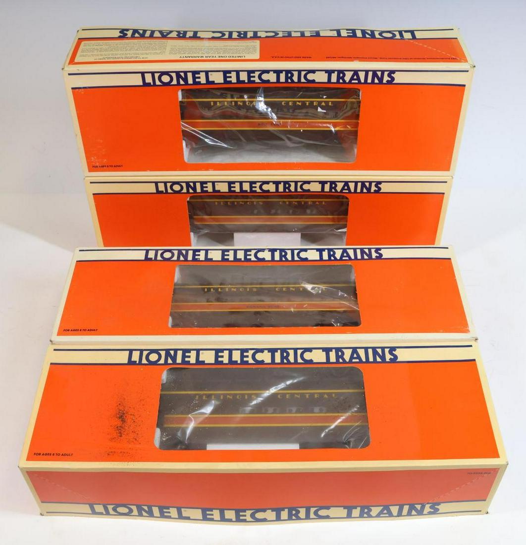 Lionel Illinois Central Cars: O gauge, 3-rail (2) Vista dome cars, King Coal passenger car #7222 and Banana Road passenger car #7223.