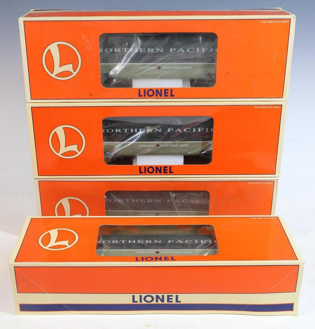 Lionel Passenger Cars: O gauge, 3-rail Northern Pacific (2) vista dome coach, Pullman car and dining car.