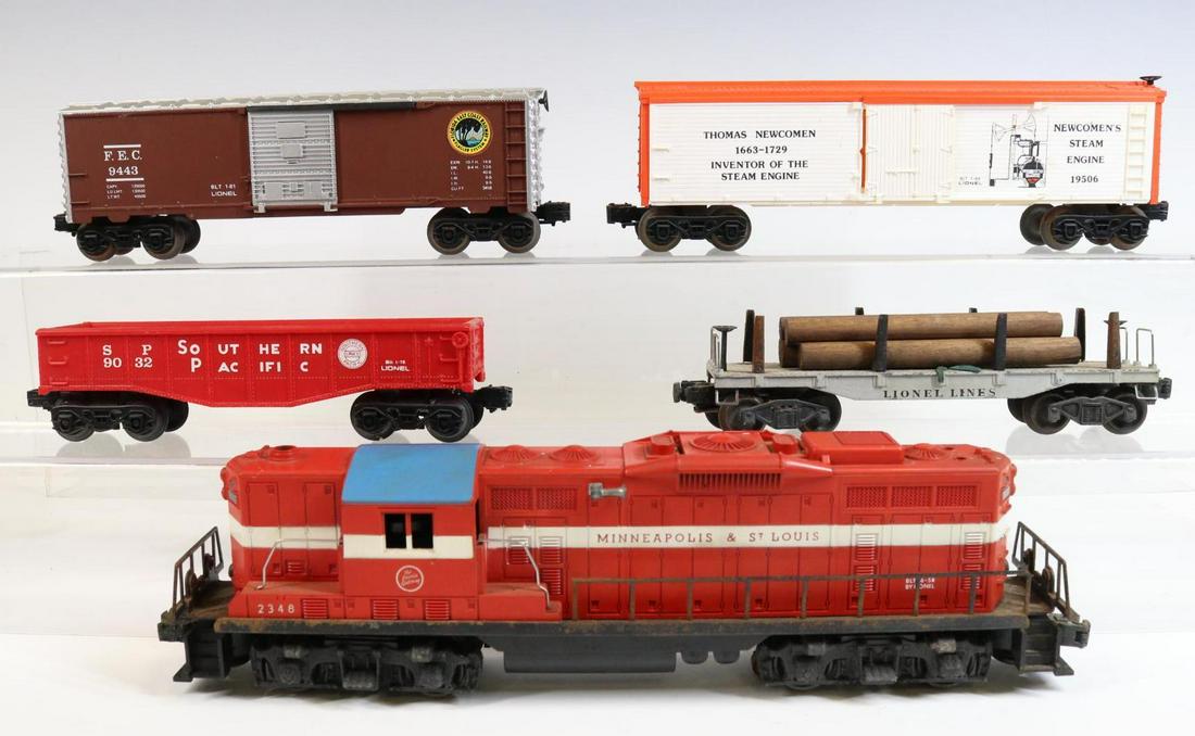 Lionel Diesel Engine and Cars: O gauge, 3-rail Minneapolis & St. Louis diesel engine #2348, boxcar #19506, Southern Pacific gondola #9032, FEC boxcar #9443 and flatcar #6411 with lumber load.