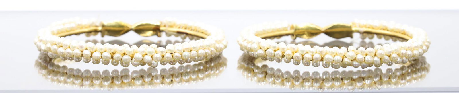 18KY Gold Pearl Bracelets. Pair of Bangles (1 of 10)