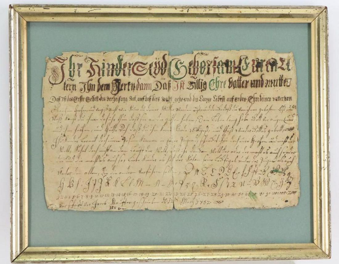 Vorschrift Fraktur: Watercolor and pen Fraktur writing sample, dated 1782. Larger text enhanced with watercolor. 7.25"h x 11.75"w inside framed and 11.75"h x 14.75"w framed