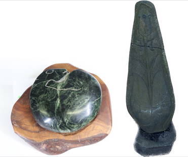 Arthur Meltzer (1893 - 1989) and George Papashvily (1898 - 1978): Carved serpentine seal sculpture by George Papashvily, unsigned, on a fitted carved walnut stand by Arthur Meltzer, the sculpture numbered, the stand with artist's cipher. Also including another sculp