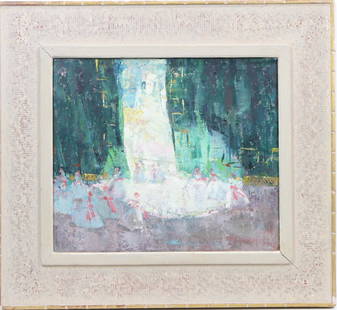 Paulette Victorine J Van Roekens (1896 - 1988): Oil on canvas, "Green Curtain", SLR. Impressionist scene of the curtain opening at a ballet. Arthur Meltzer frame. 18.5"h x 20.5"w framed