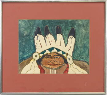 Kevin Red Star (Born 1943): Watercolor, SDLR 1976. Portrait of a Native American. 8.75"h x 11.5"w inside mat and 15.25"h x 17.25"w framed