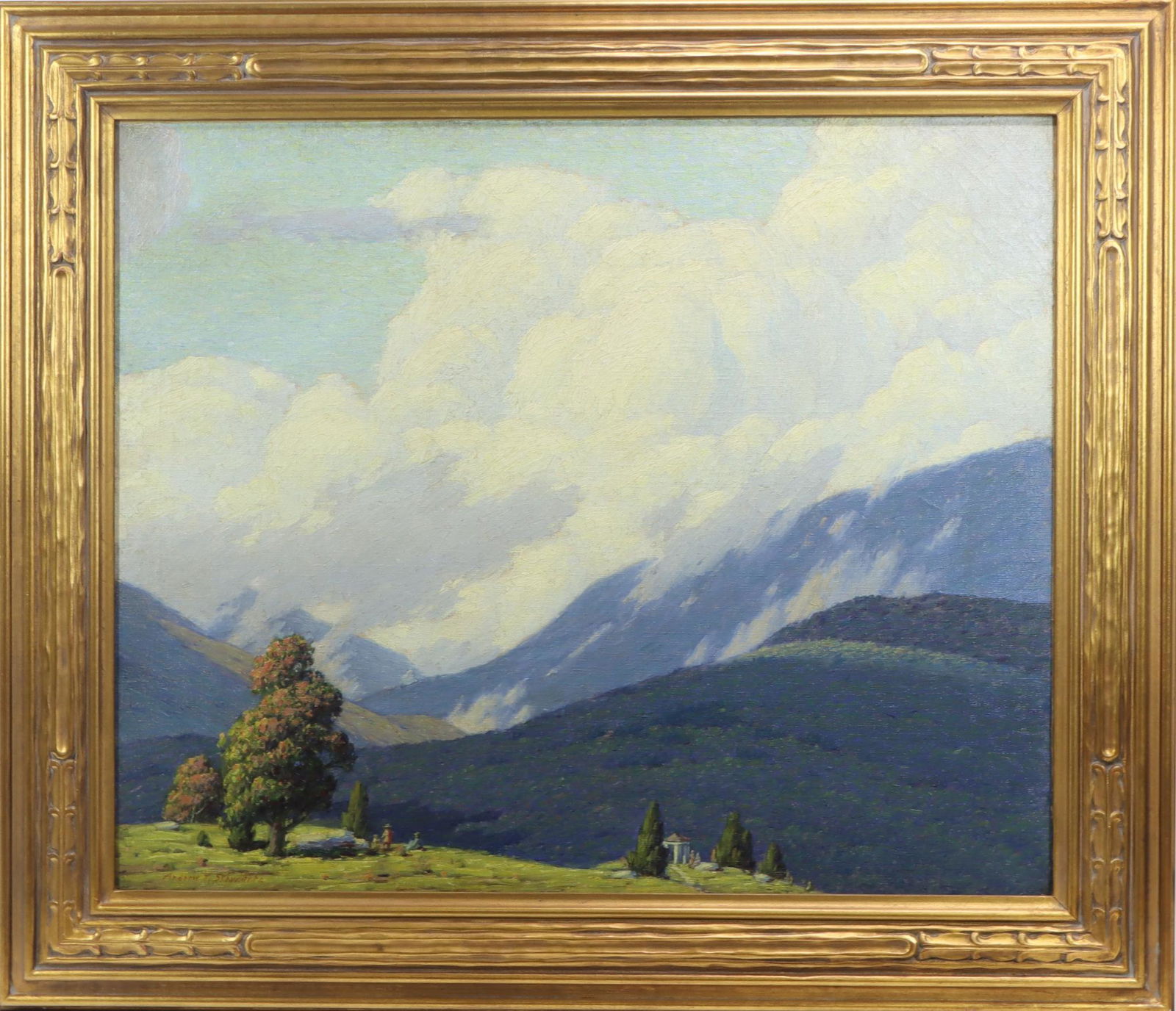 Andrew Thomas Schwartz (1867 - 1942): Oil on canvas, SLL. Big sky landscape with a group of travelers taking in the the symphony of clouds and rolling hills. Shows signs of repair. 25"h x 30"w and 32.5"h x 37.5"w framed