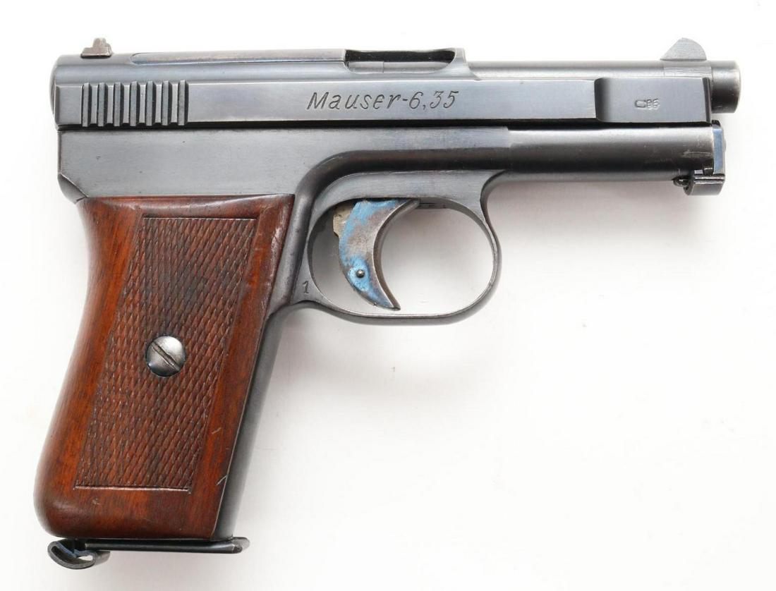 Mauser Model 1910 Semi Automatic Pistol: 6.35mm, 3" bbl, SN 238925. 98% blue finish shows thinning on crisp edges and a few scattered freckles, good bore, trigger shows 95% bright fire blue color, checkered wood grips show light handling. 1-