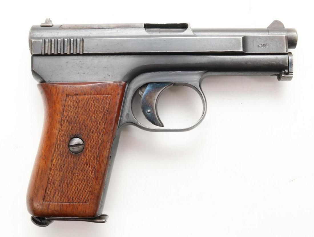 Mauser Model 1910 Semi Automatic Pistol: 6.35mm, 3" bbl, SN 224857. 85% blue finish shows general thinning with loss on most edges, good bore, trigger shows 90% bright fire blue color, checkered wood grips show average handling with light ga