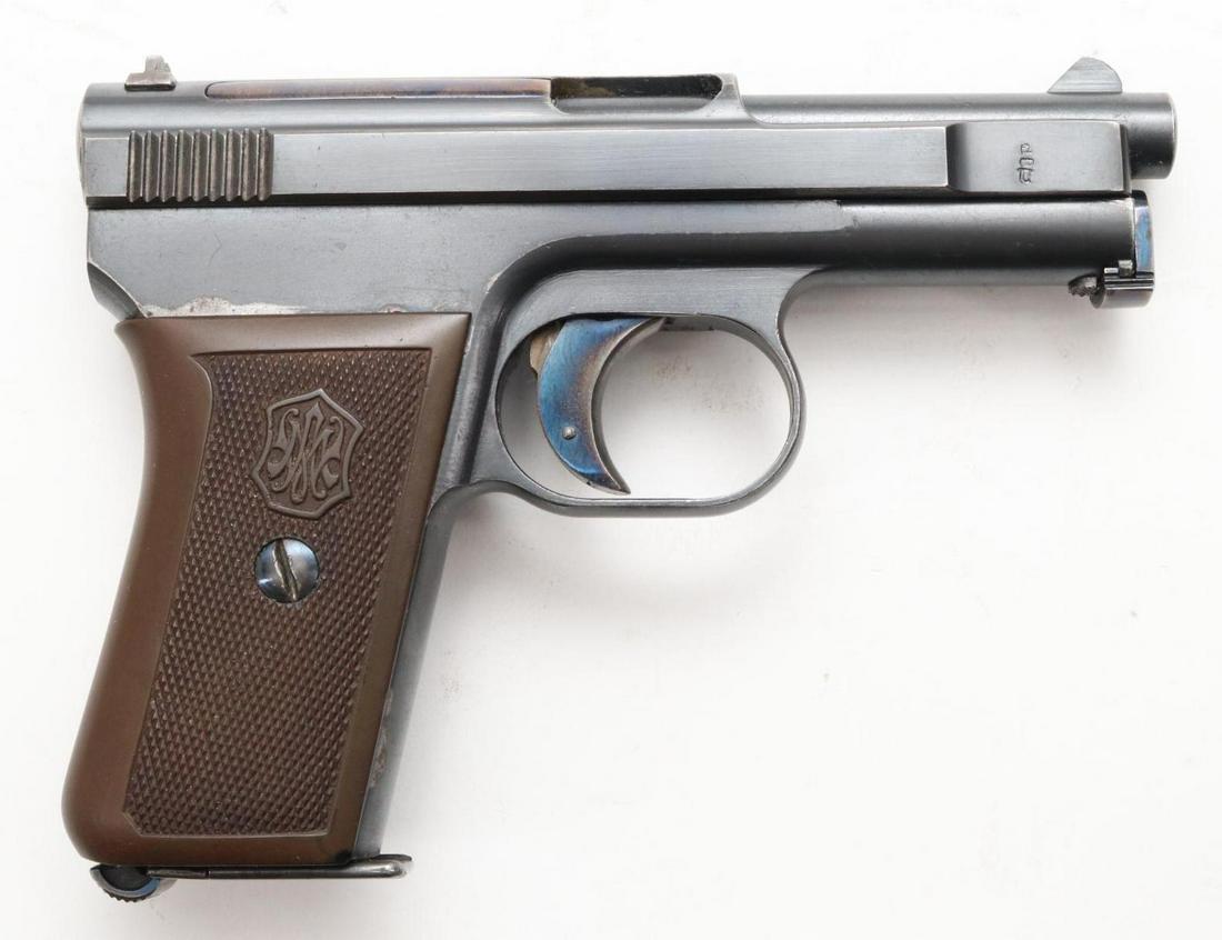 Mauser Model 1910 Semi Automatic Pistol: 6.35mm, 3" bbl, SN 85210. 85% blue finish shows general thinning with loss on most edges, good bore, trigger shows 90% bright fire blue color, checkered plastic grips show light handling, 2-8 rnd maga