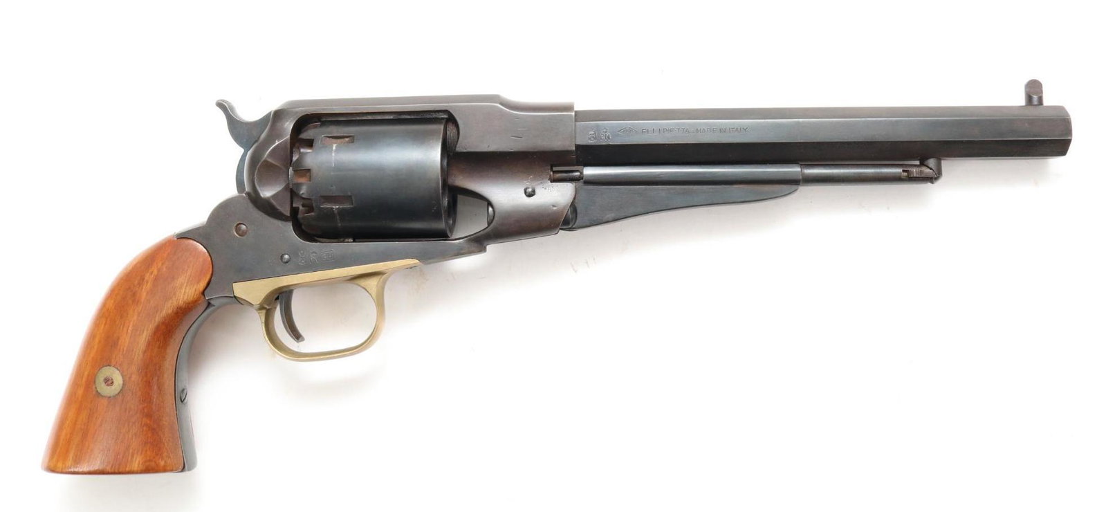 Pietta 1858 Remington Percussion Revolver: .44, 8" bbl, SN 217785. dark brown finish shows average handling with moderate cylinder drag line and areas of oxidation at nipples and cylinder stops, Date code BH (1996), hammer holds on half and fu