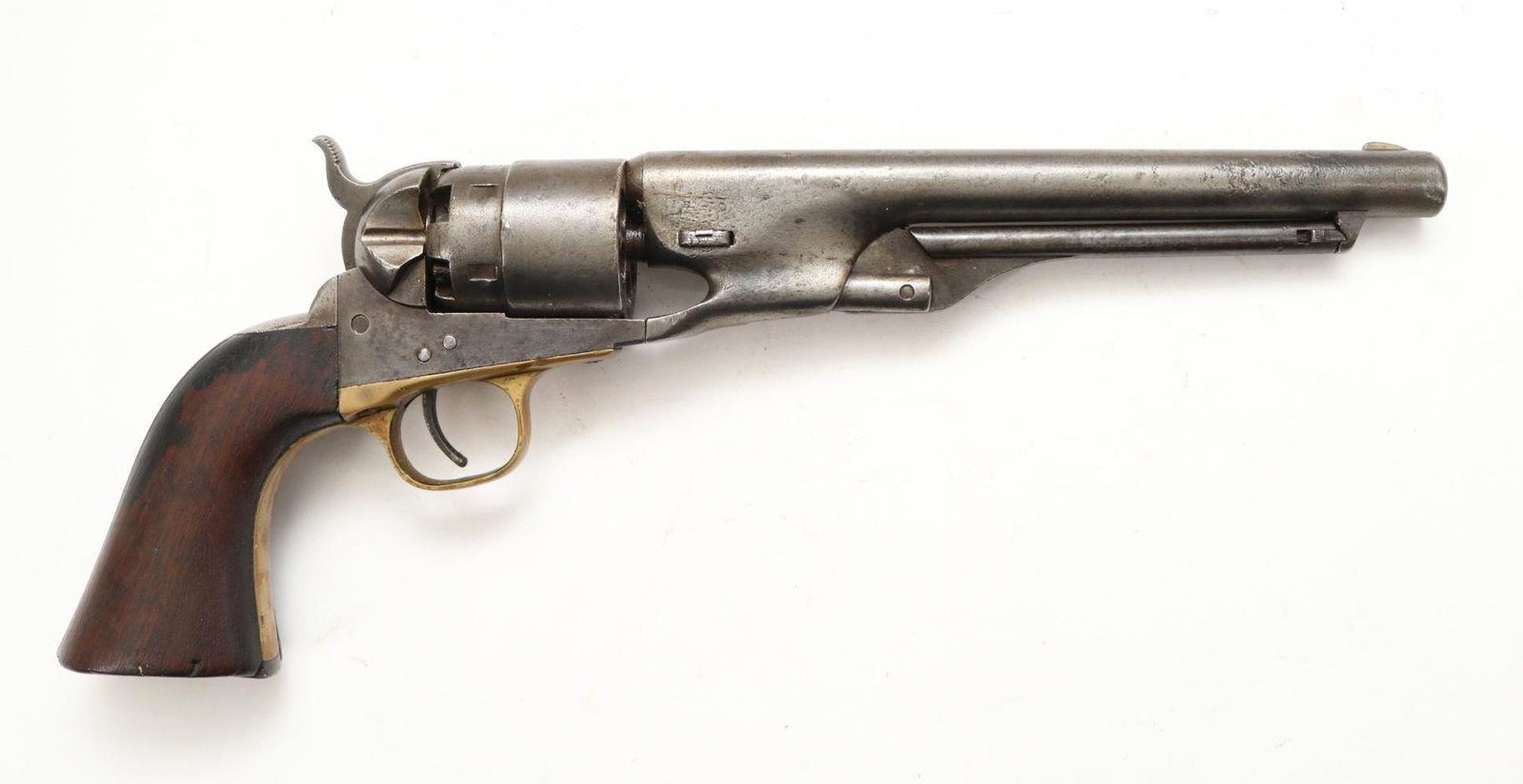 Antique Colt 1860 Army Percussion Revolver: .44, 8" bbl, SN 84633 (made 1862) gray/silver patina, fair bore, top of the barrel marked ADDRESS COL. SAML COLT NEW-YORK US AMERICA in 1 line, matching numbers on frame, barrel, trigger guard, grip s