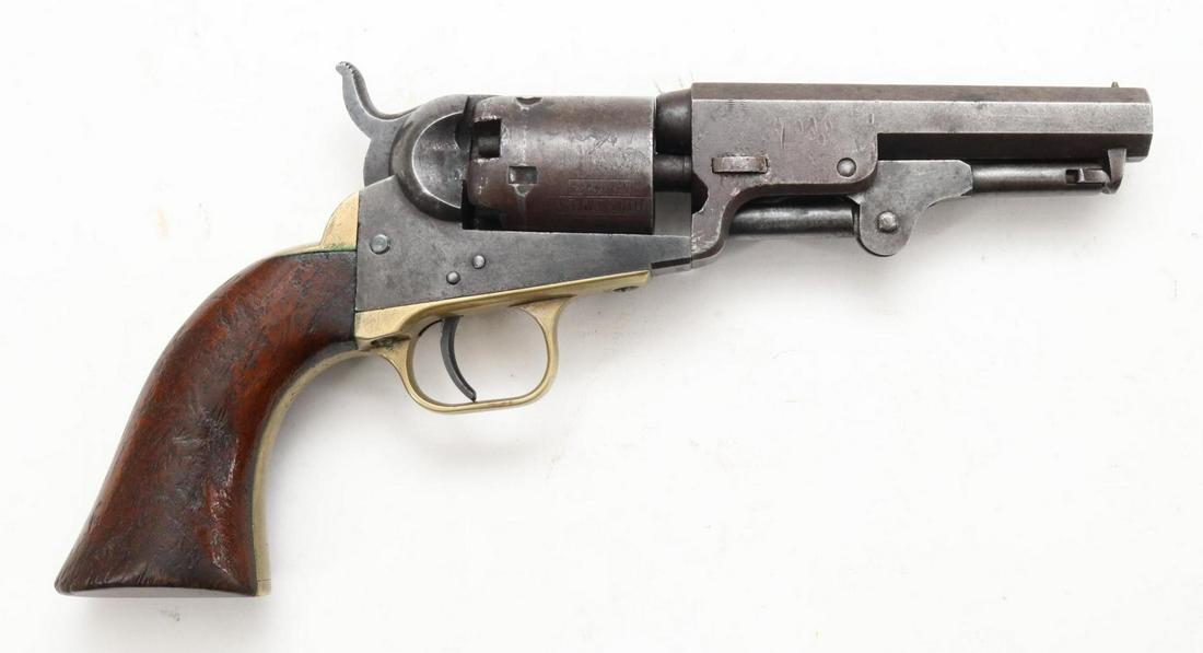 Antique Colt 1849 Pocket Percussion Revolver: .31, 4" bbl octagon bbl, SN 104930 (made 1855) gray patina, good bore, top of barrel marked ADDRESS SAML COLT / NEW YORK CITY in two lines, matching numbers on frame, barrel, trigger guard, grip strap
