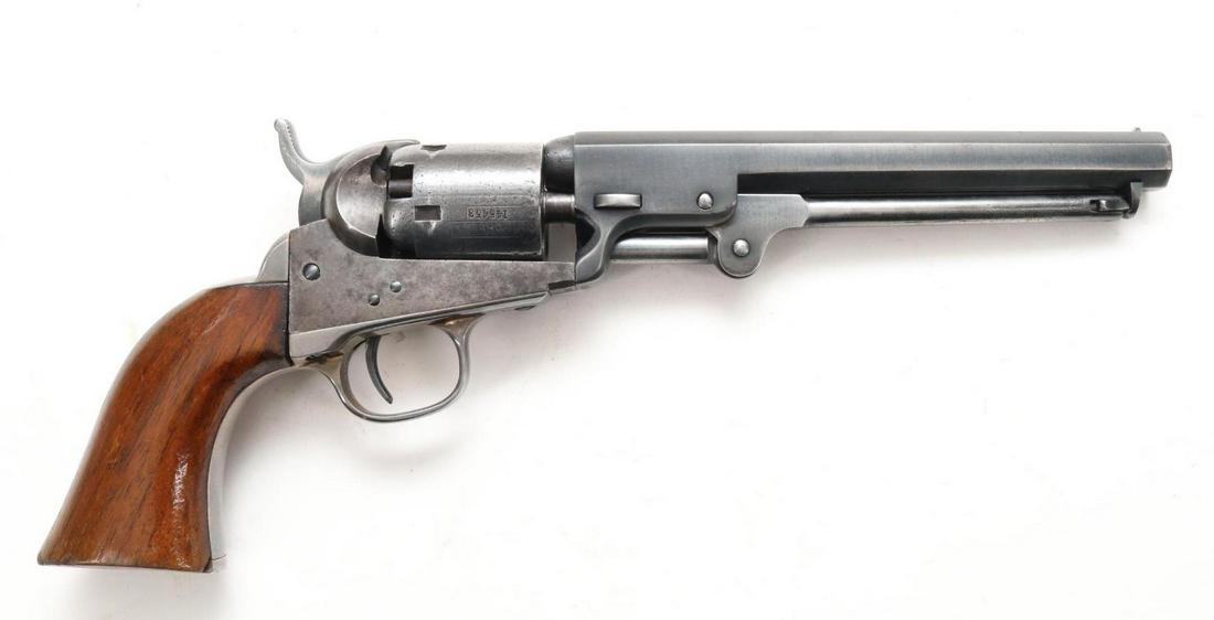 Antique Colt 1849 Pocket Percussion Revolver: .31, 6" octagon bbl, SN 145453 (made 1858) 85% blue finish on barrel shows general thinning with scattered light freckles with dark gray/patina on the frame and cylinder, trigger guard and backstrap s