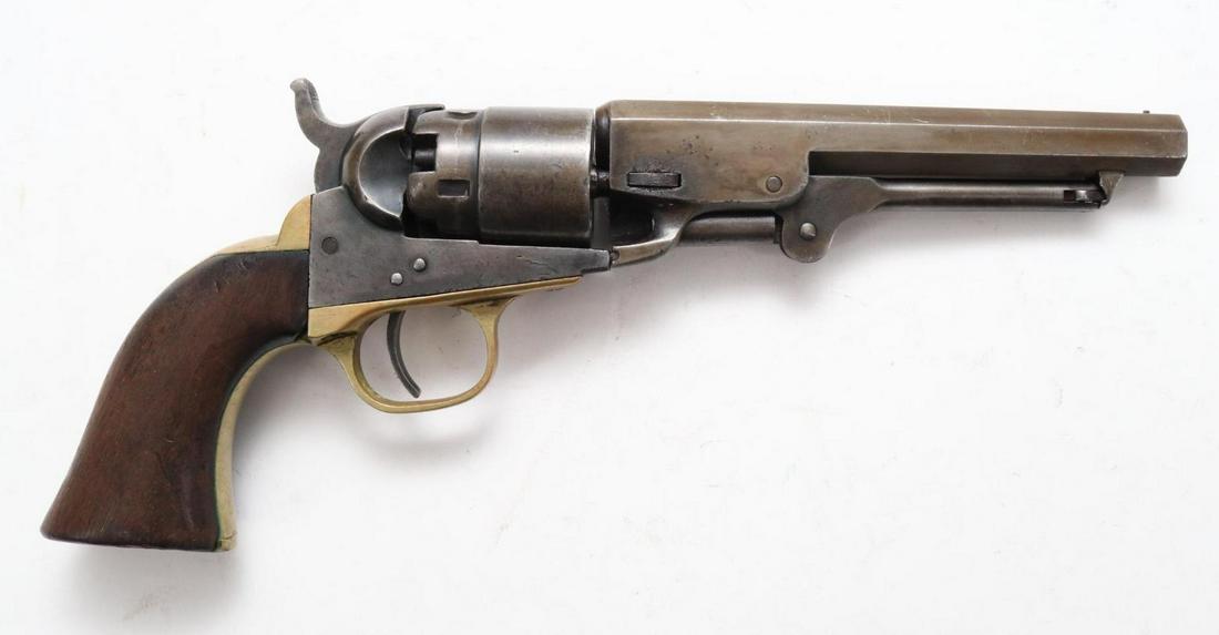 Antique Colt 1862 Pocket Navy Cal Percussion Revolver: .36, 5 7/16" octagon bbl, SN 8844 (made 1862) gray/silver patina, good bore, top of barrel marked ADDRESS COL. SAML COLT NEW-YORK USA in 1 line, left side of frame marked COLTS PATENT, left side of tr