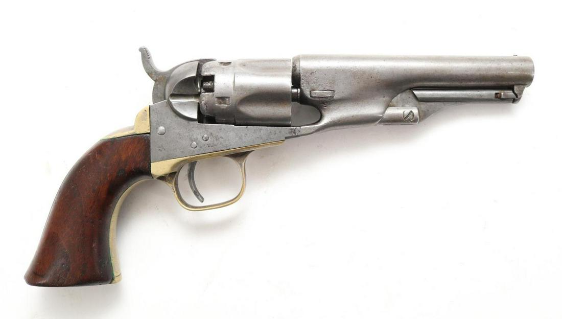 Antique Colt 1862 Police Percussion Revolver: .36, 4 1/2" bbl, SN 3012 (made 1861) gray/silver patina, good bore, top of barrel marked ADDRESS COL. SAML COLT NEW-YORK US AMERICA in 1 line left side of frame marked COLT'S PATENT, and PAT SEPT 10TH