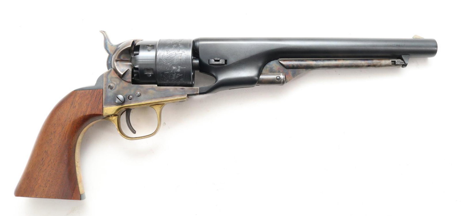 Colt Blackpowder Series 1860 Army Percussion Revolver: .44, 8" bbl, SN 202559. 100% blue finish on barrel and cylinder, very good bore, 90% case color on frame and loading lever with brass round back trigger guard, engraved rabbeted cylinder, wood grips s