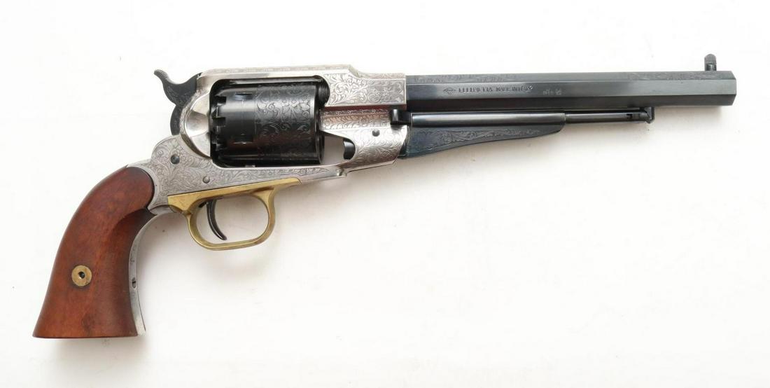 Pietta 1858 Remington Percussion Revolver: 44, 8" bbl, SN R390305. 99% blue finish on engraved barrel, loading lever and cylinder show light handling with faint cylinder drag line, good bore, engraved coin nickel color frame and brass trigger 