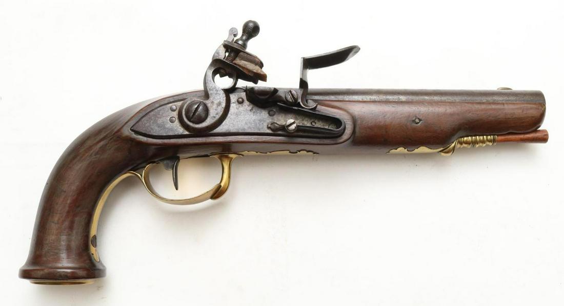Unmarked Flintlock Pistol: .679 bore, 7 1/2" bbl, NSN. Brown/gray patina, fair bore, strong unmarked lock holds on half and full cock, brass trigger guard, grip cap marked TP and rod thimble, wood ramrod, wood stock shows avera
