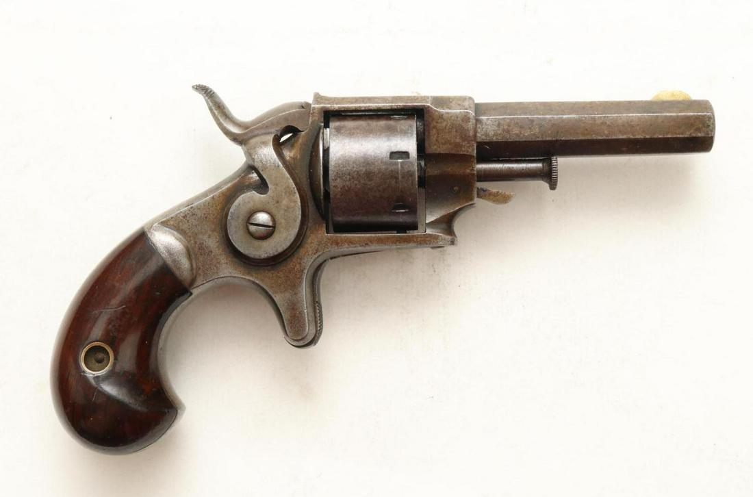 Ethan Allen & Co Side Hammer Revolver: 22 Short, 2 3/8" octagon bbl, SN 1984. Gray patina, fair bore, left barrel flat marked in 2 lines ETHAN ALLEN & CO WORCHESTER / ALLEN'S PAT'S SEP 7, NOV 9 1858 SEP 24 1861, hammer holds cock and cylin