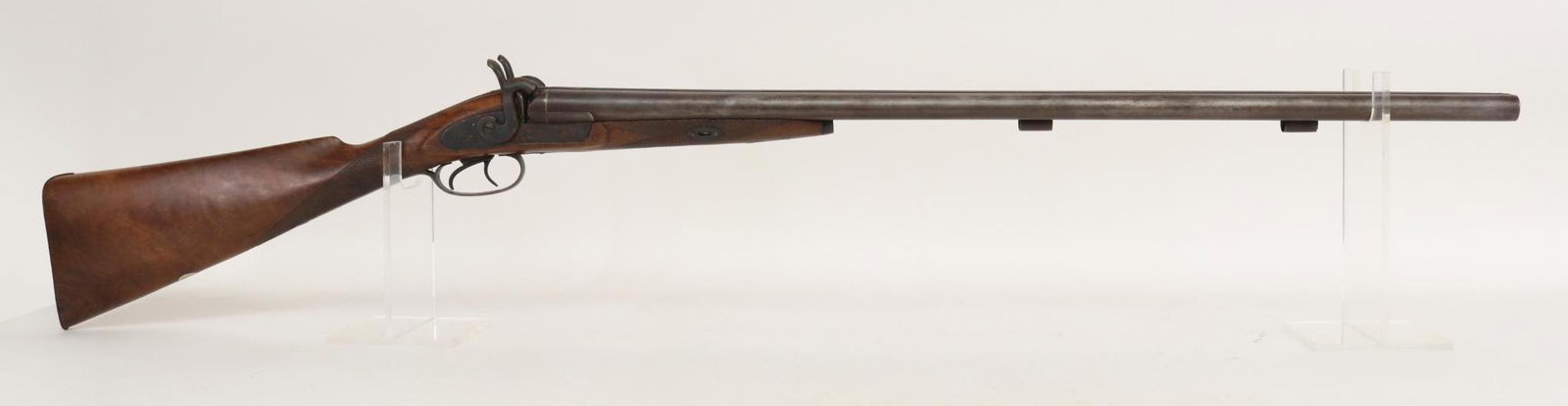 Antique W Richards Double Barrel Percussion Shotgun: 12 Ga. 30" bbls, NSN. Gray/brown patina, fair bores, top rib marked London Fine Twist, strong engraved locks hold only intermittently and still show areas of case color, hooked breech barrels held via
