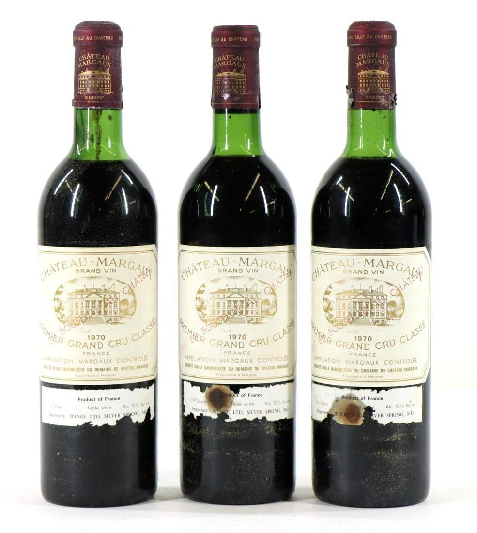Chateau Margaux Premier Grand Cru Classe Wine 1970 (3): Chateau Margaux Premier Grand Cru Classe 1970. (3) bottles at .750 ml. Upper shoulder fill, capsule damage. This item is not available for shipping, pick up only.