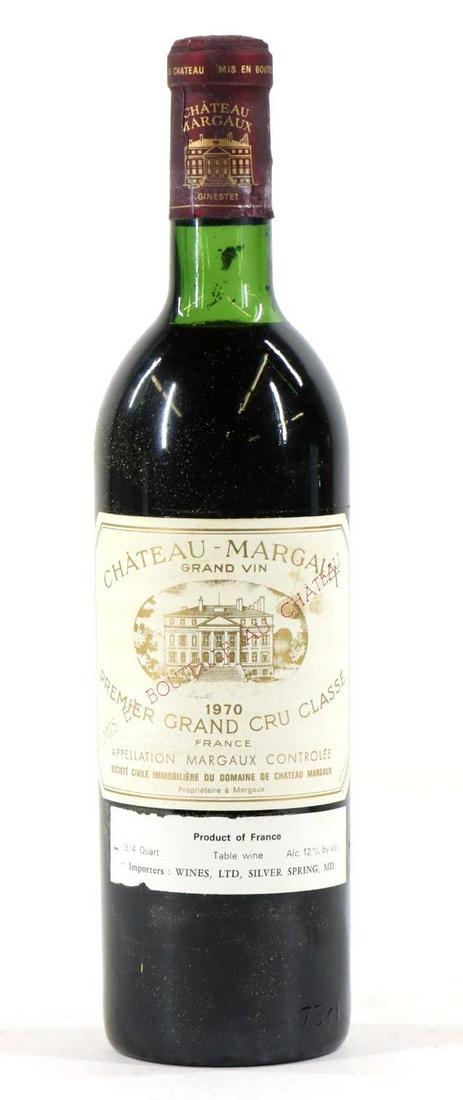 Chateau Margaux Premier Grand Cru Classe Wine 1970 (1): Chateau Margaux Premier Grand Cru Classe 1970. (1) bottle of wine at 750 ml. Below the neck, slight damage to capsule. This item is not available for shipping, pick up only.