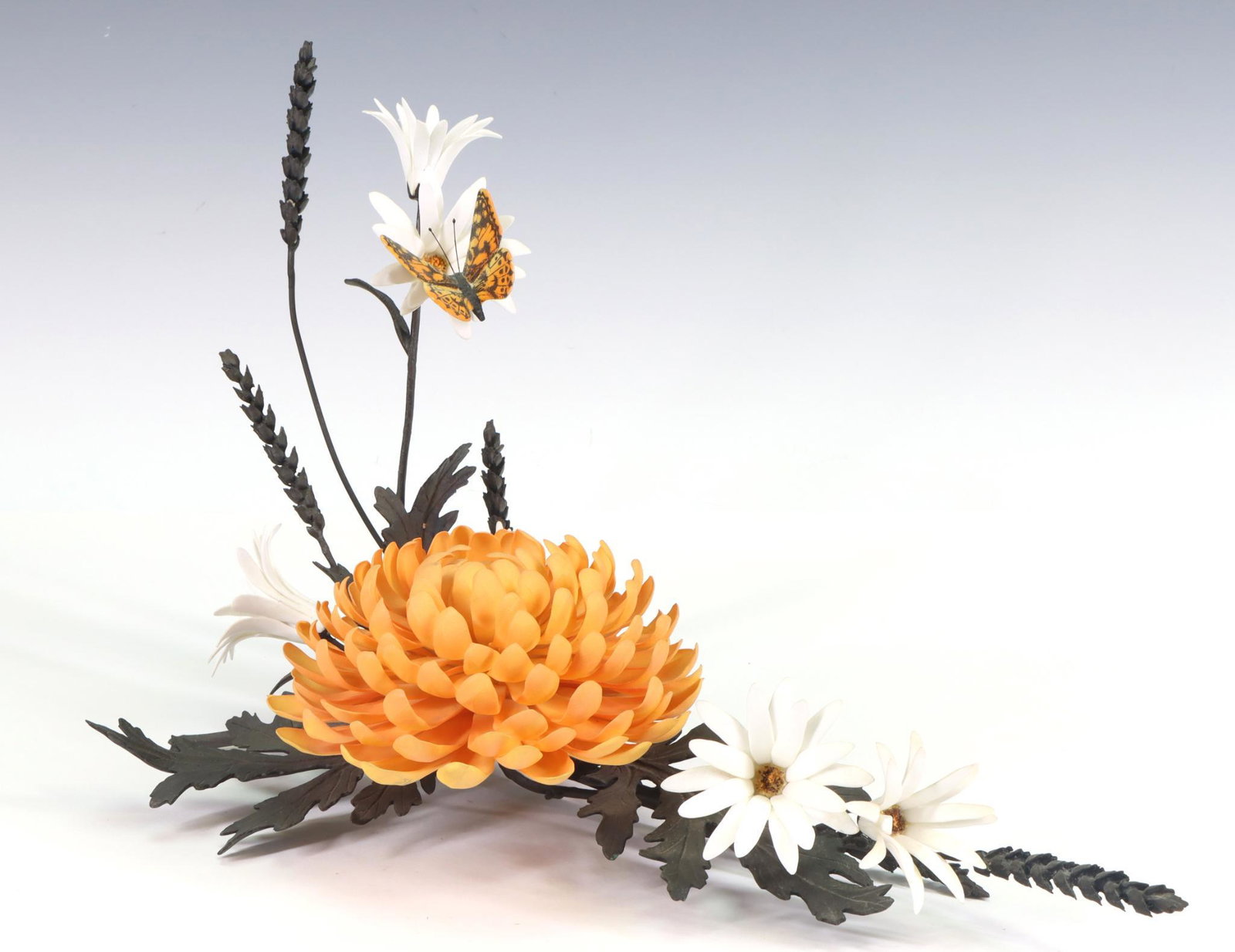 Boehm Porcelain and Bronze Chrysanthemum with Daisies: Boehm porcelain and bronze flowers, "Chrysanthemum with Daisies 60015", marked to the bronze and flower. 8.5"h x 12.5"w x 7"d