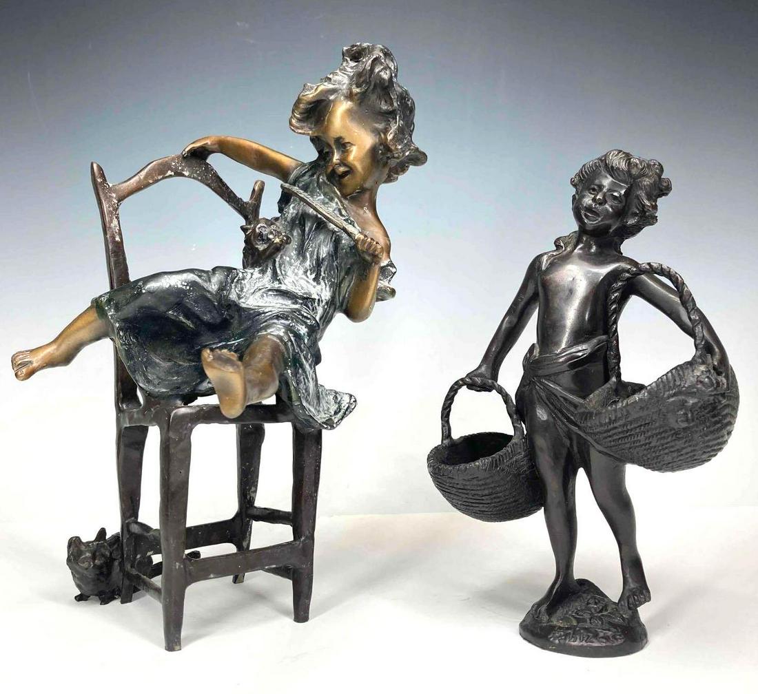 Bronze Sculptures of Children: Juan Clara Ayats (1875 - 1958) , seated girl with cats and a feather, signed en verso, 11"h x 6"w x 7.5"d. Suzanne Bizard (1873 - 1963) child with baskets, signed at the base, 8.5"h x 5.25"w x 3.5"d.