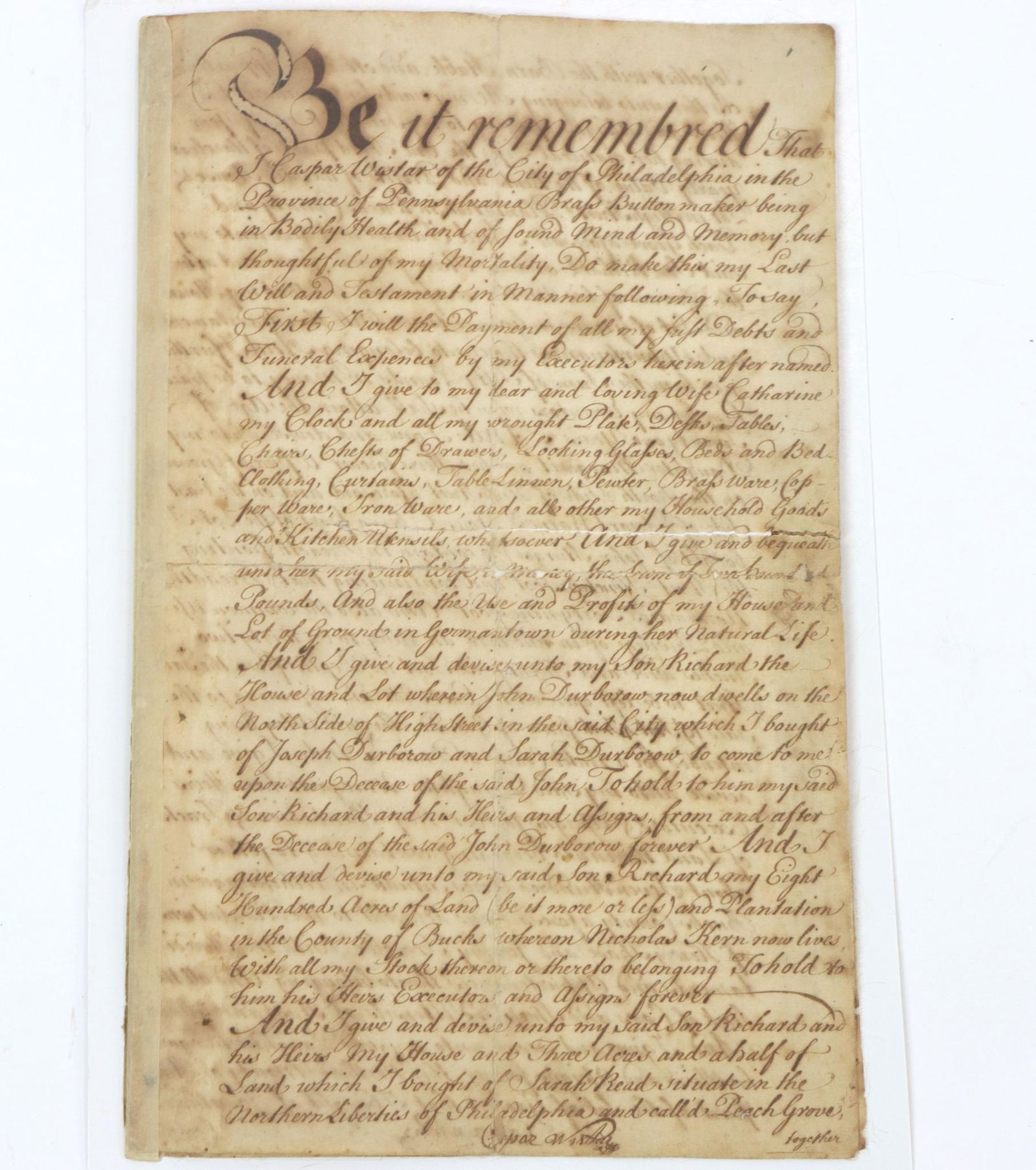 Will of 18th Century Button Maker Caspar Wistar (1 of 3)