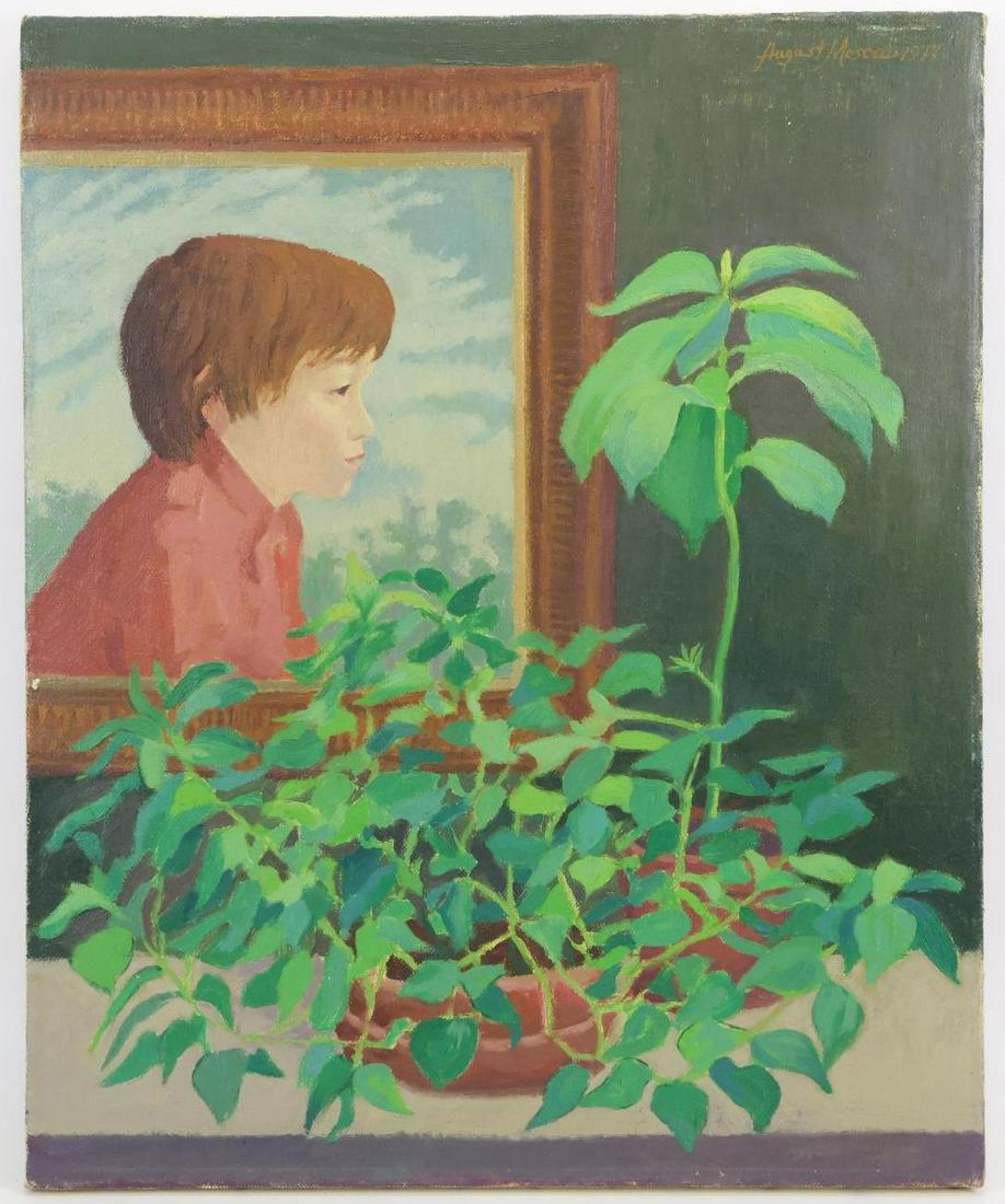August Mosca (1907 - 2003): Oil on canvas, SURD 1977. Still life of a houseplant with portrait of a boy. Unframed. 22.5"h x 18"w