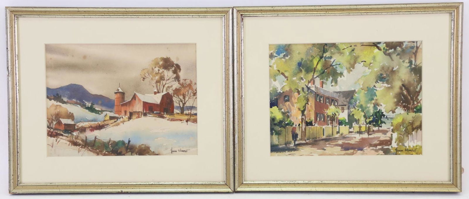John Cuthbert Hare (1908 - 1978): Watercolors (2), SLR. Snowy rural landscape of barn and outbuildings titled "Mountain Farm Vermont". Tree lined road with figures and buildings, titled "Wet Day Reflections". 6"h x 8"w inside mat and