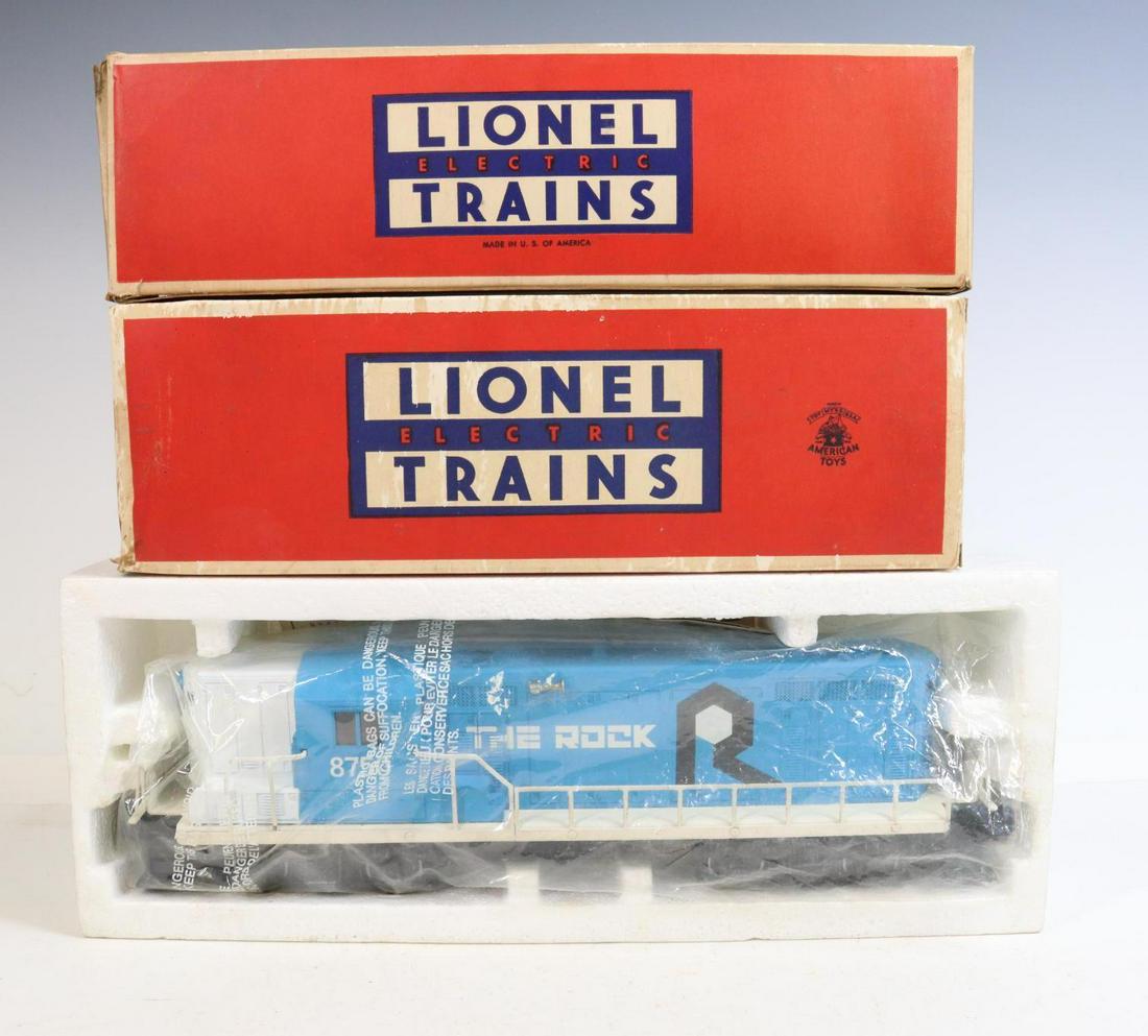 Lionel Diesel and Cars: O gauge, 3-rail The Rock GP-7 diesel engine #8750, operating barrel car #3562 and circus car #6376.