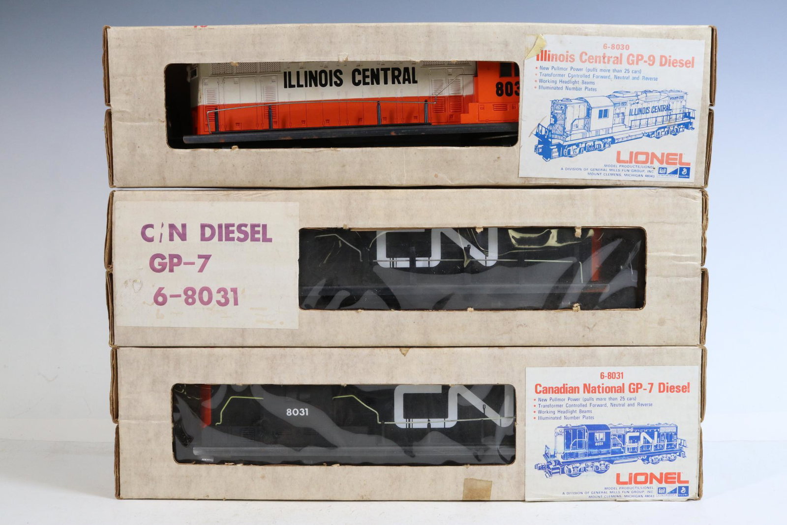 Lionel Diesel Engines: O gauge, 3-rail diesel engines including (2) GP-7 C/N diesel #8031and Illinois Central GP-9 diesel #8030.