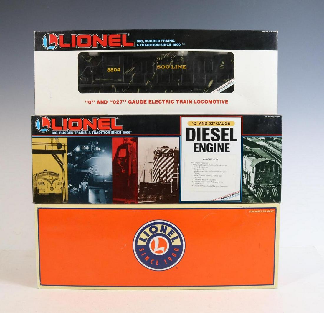 Lionel Diesel Engines: O gauge, 3-rail RS-3 SOO Line diesel engine #8804, Alaska SD-9 diesel engine #8811 and Erie Lackawanna F3 B powered diesel engine #8042.