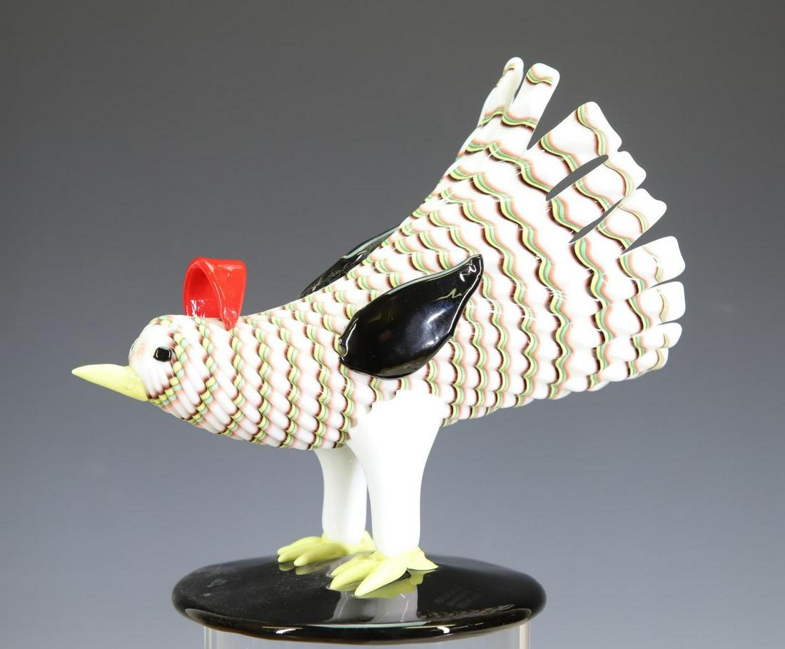 Fulvio Bianconi Hen: Fulvio Bianconi for Venini, Italy, 1953. Lattimo glass with polychrome decorations.Signed with three-line acid stamp to base, [Venini Murano Italia]. 7"h x 7.5"w x 5"d