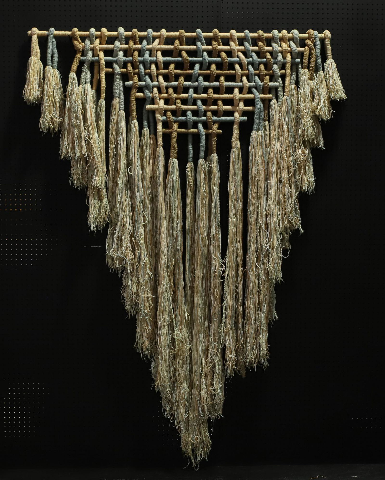 Macrame Wall Hanging: Large polychrome yarn and wooden wall hanging. 86"h x 62"w